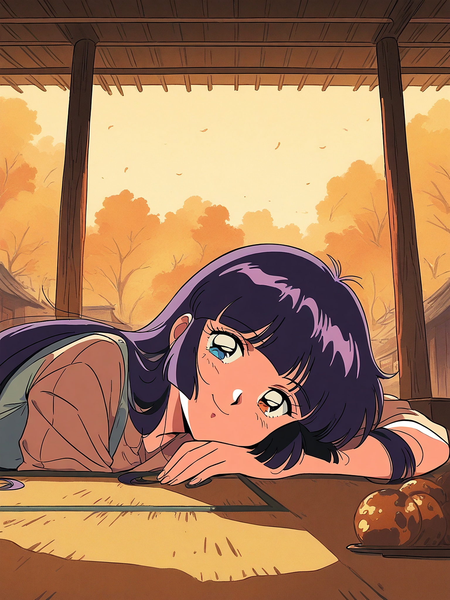 Anime Girl Relaxing by Window, Autumn View, anime girl, japanese aesthetic, autumn leaves, fall wallpaper, cozy, relaxing