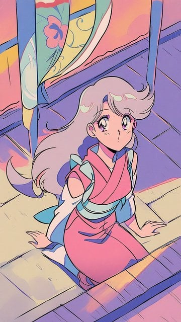 Anime Girl in Kimono on Floor, Pastel Sunset