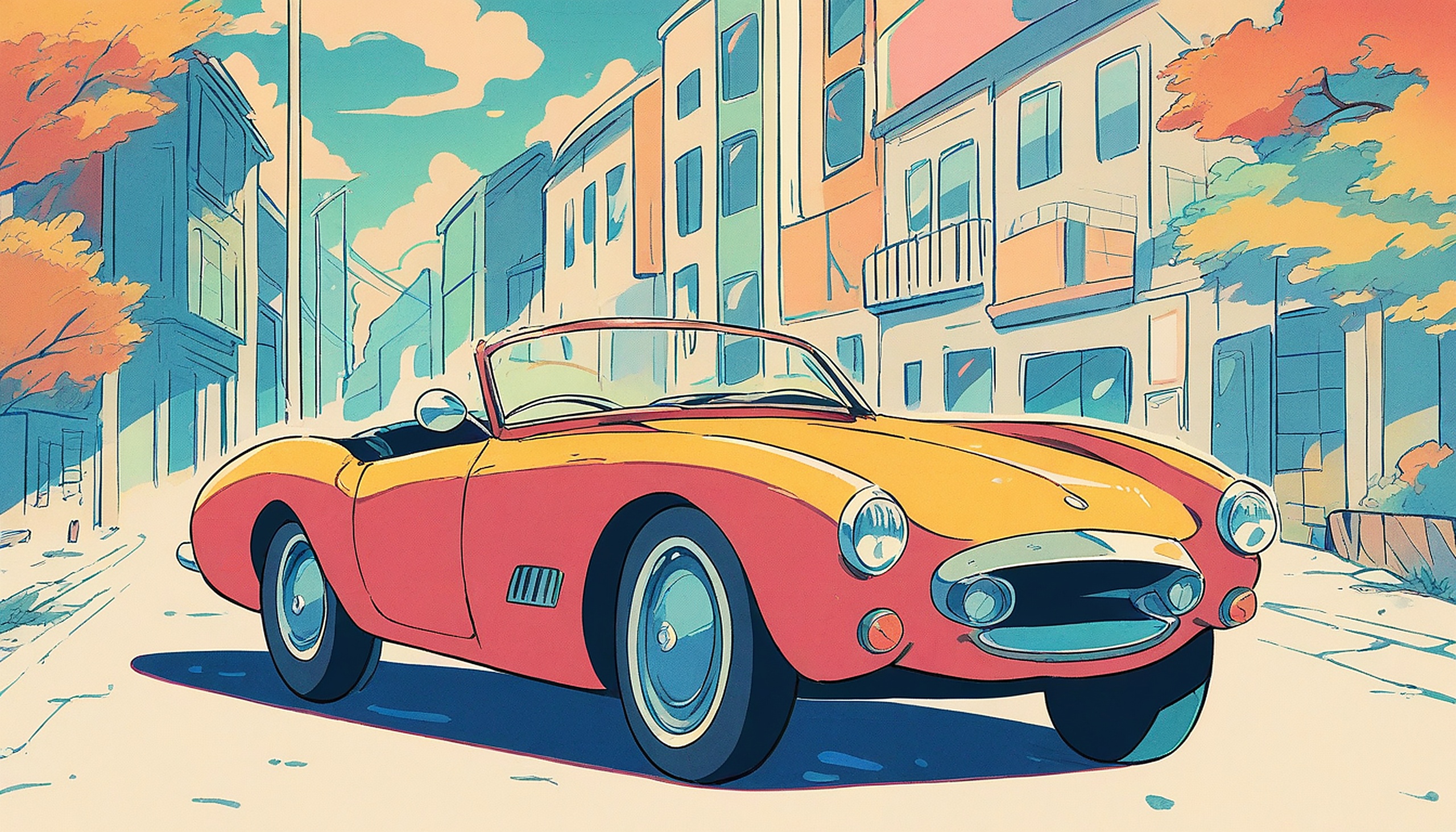 Retro Car Street Scene - Cool Tones Wallpaper, retro car, classic car, convertible, street scene, cartoon style, line art