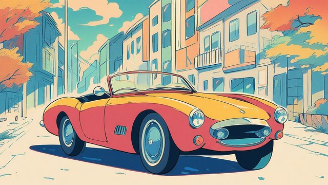 Retro Car Street Scene - Cool Tones Wallpaper