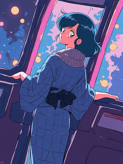 Anime Girl in Kimono Gazing at Starry Sky