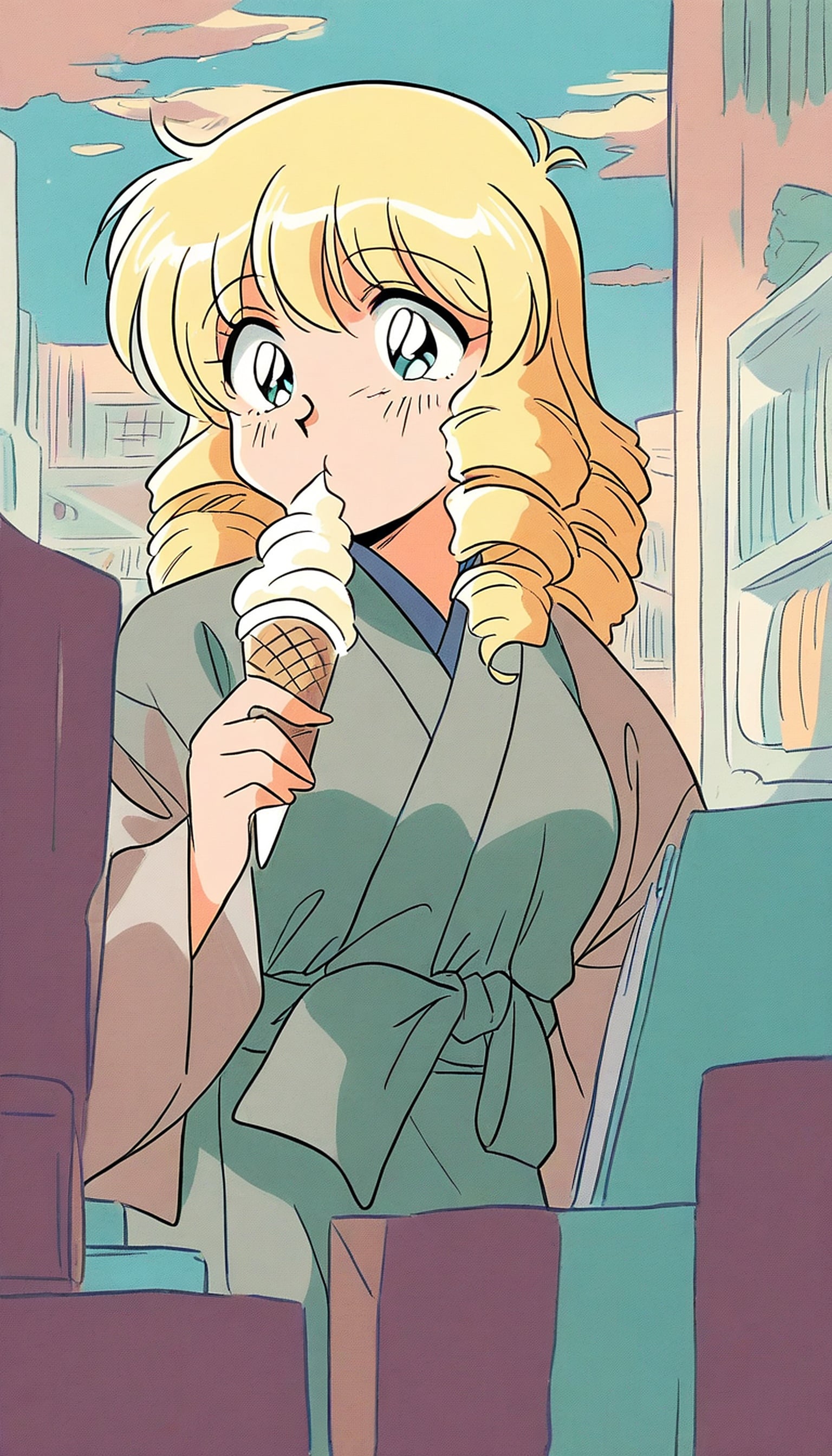 Anime Girl Eating Ice Cream Wallpaper, anime girl, ice cream, yukata, blonde hair, pastel colors, 90s anime style
