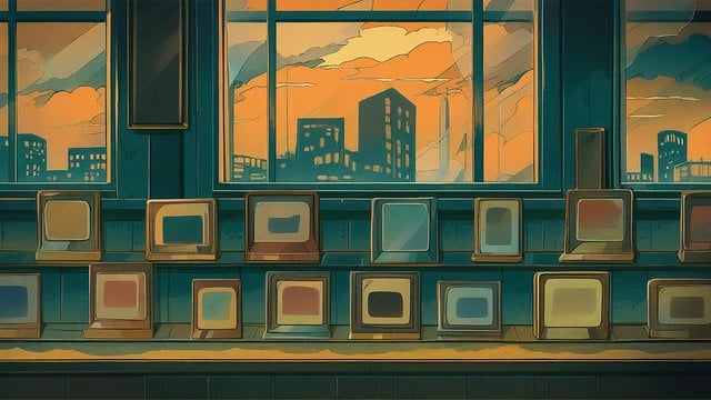 Retro TV Shop Sunset Cityscape Wallpaper