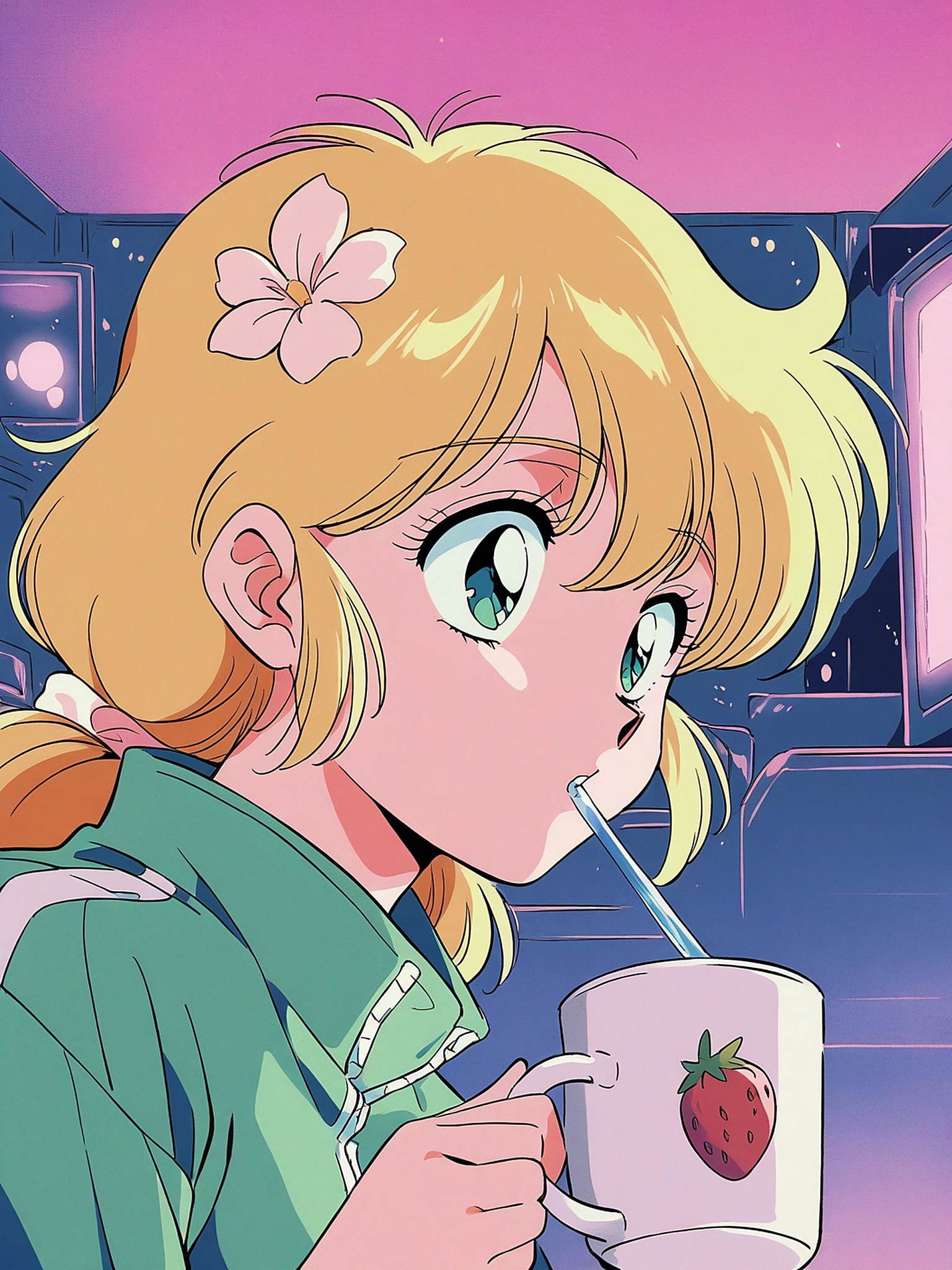 Anime Girl Drinking from Strawberry Mug Aesthetic, anime girl, strawberry mug, 90s anime, retro anime, aesthetic, blonde hair