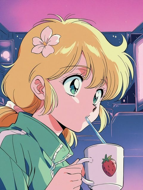 Anime Girl Drinking from Strawberry Mug Aesthetic