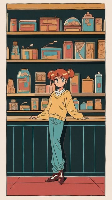 Retro Anime Girl in Cozy Kitchen Shelves