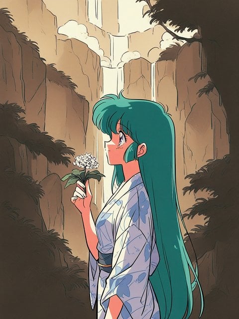 Anime Girl in Kimono Holding Flower by Waterfall