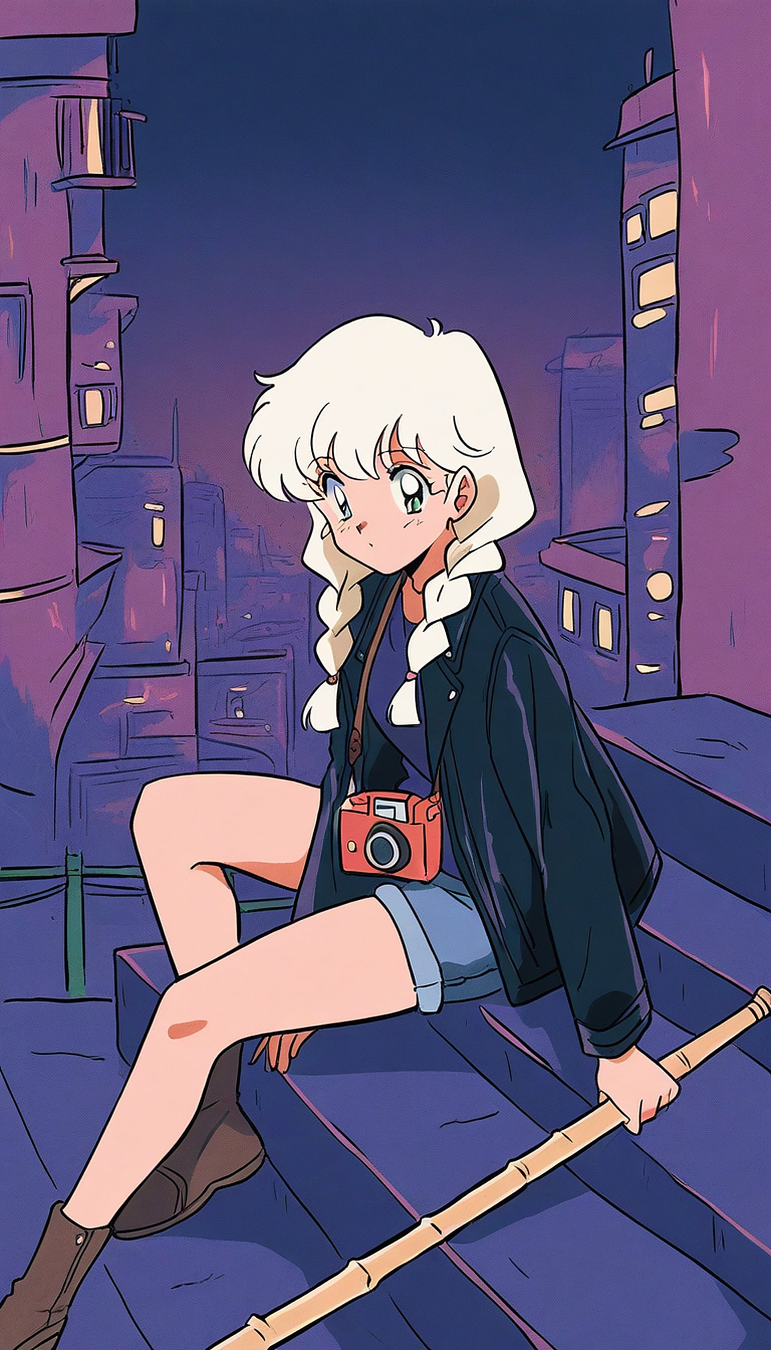 Anime Girl City Rooftop Purple Night Aesthetic, anime girl, rooftop, city at night, purple aesthetic, retro anime, lo-fi