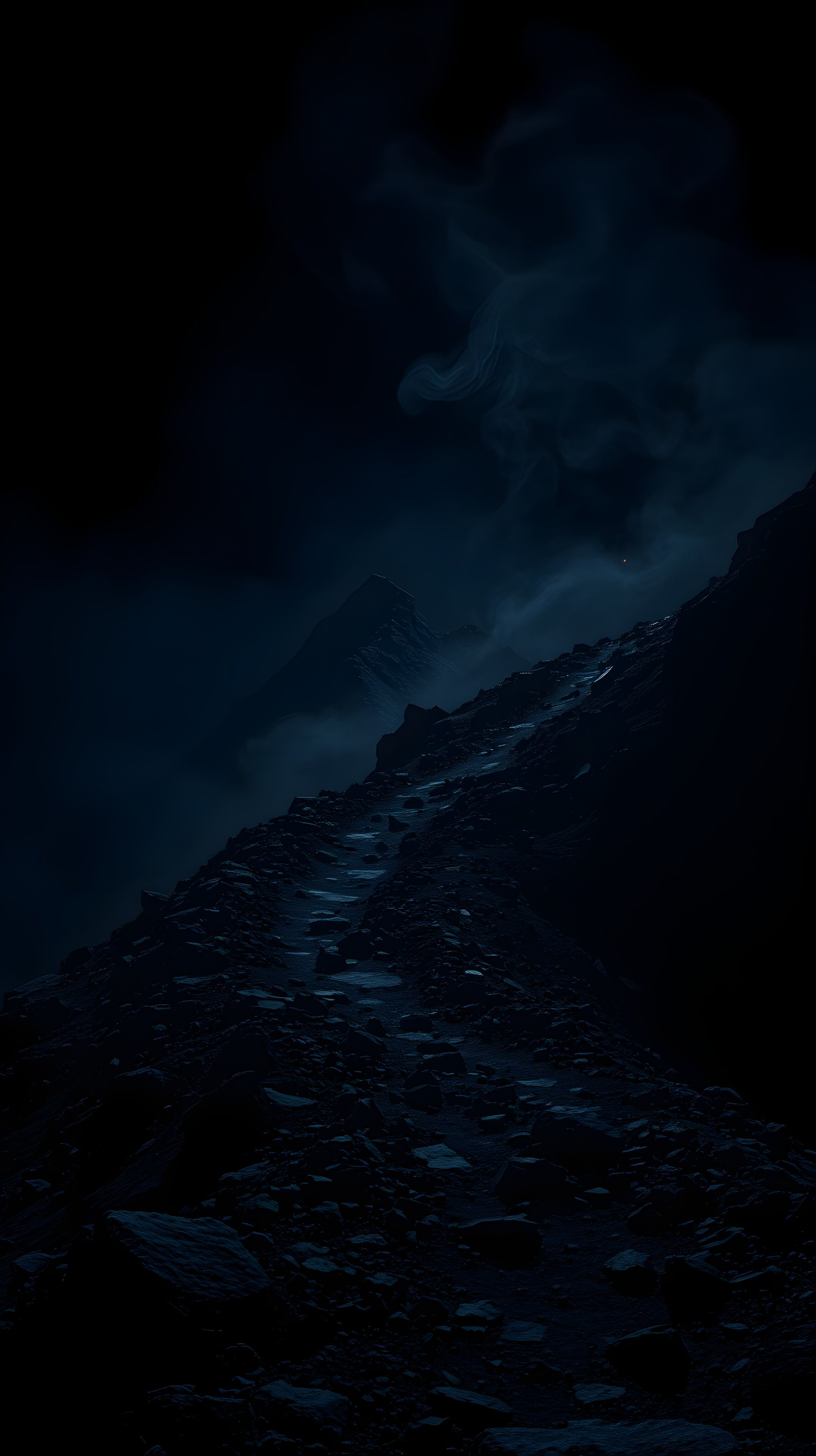 Dark Mountain Path under Misty Night Sky, dark, mountain, night, path, misty, blue
