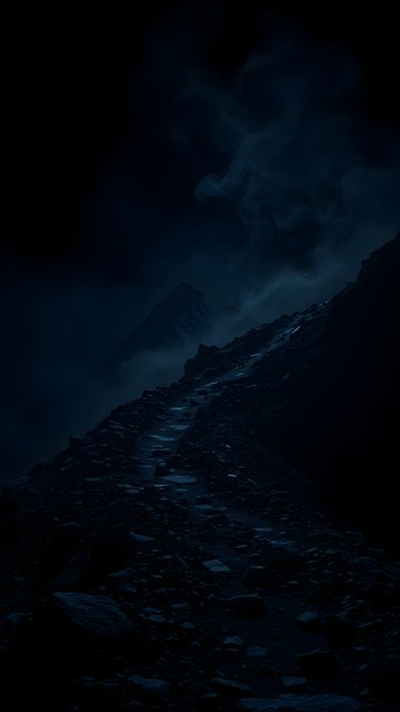 Dark Mountain Path under Misty Night Sky