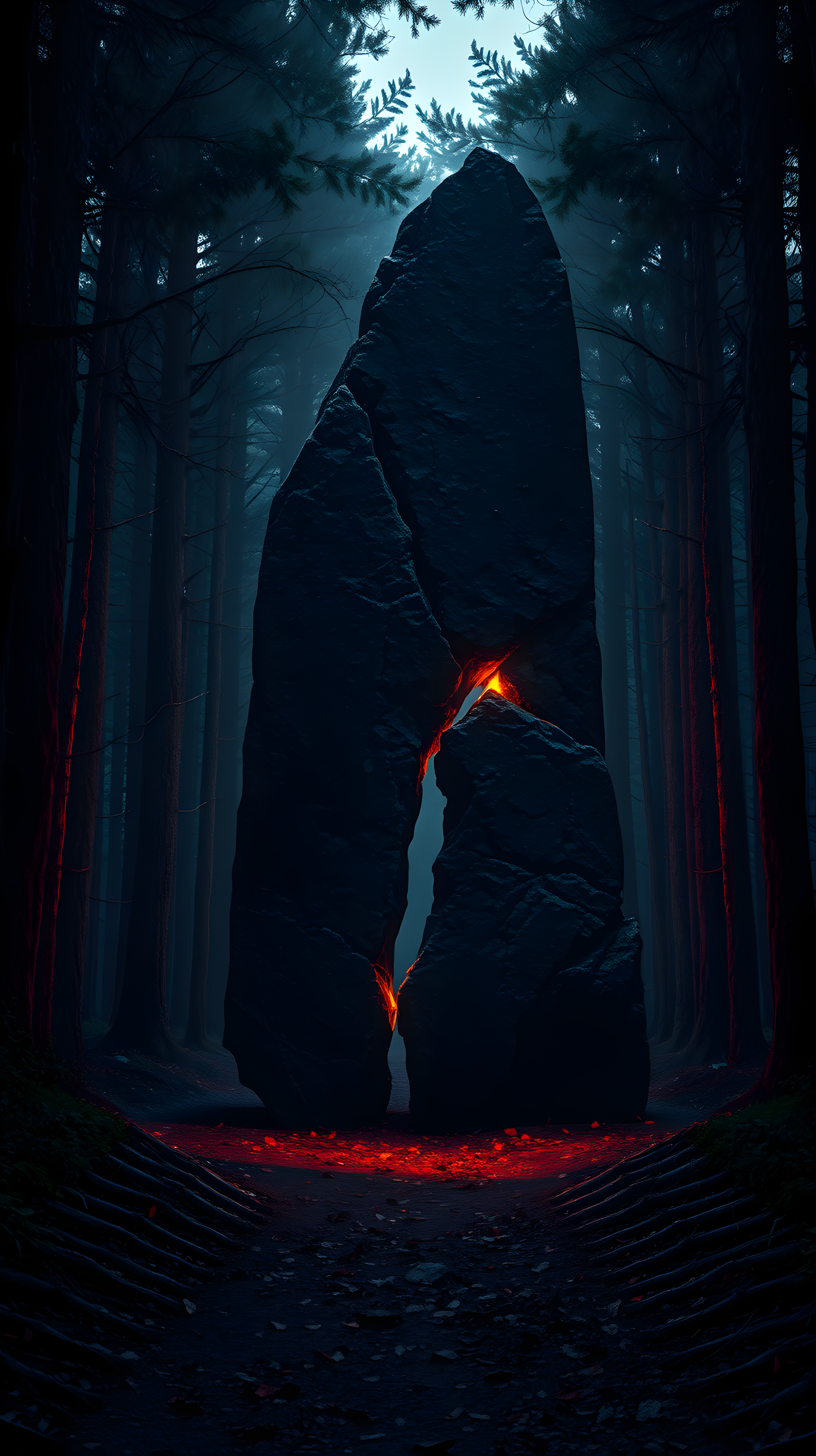 Ancient Monolith with Molten Core in Eerie Forest, fantasy, dark fantasy, monolith, glowing stone, eerie forest, mysterious