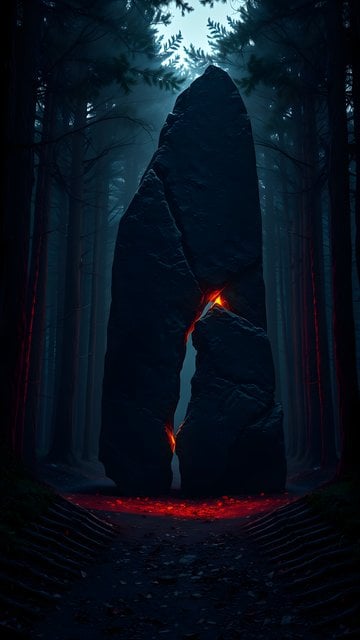 Ancient Monolith with Molten Core in Eerie Forest