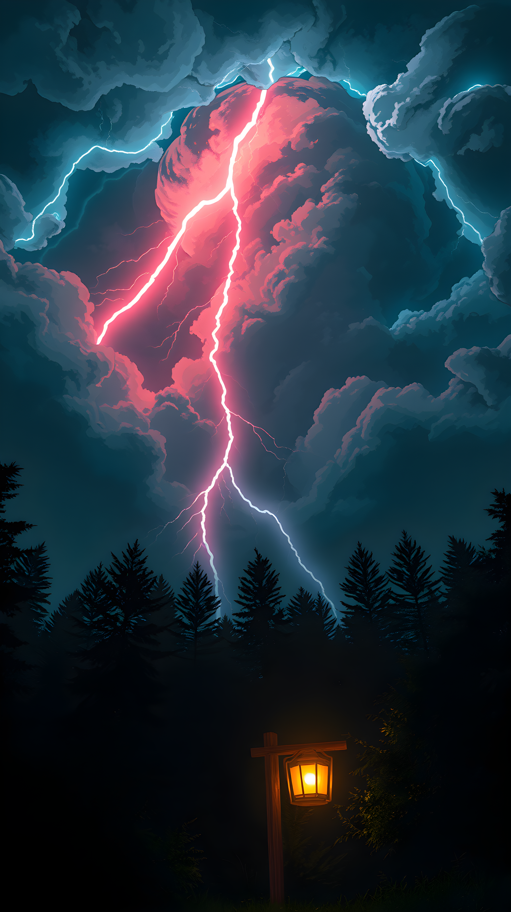 Dramatic Lightning Storm Forest Wallpaper with Lantern, lightning storm, dramatic, forest, lantern, digital art, fantasy