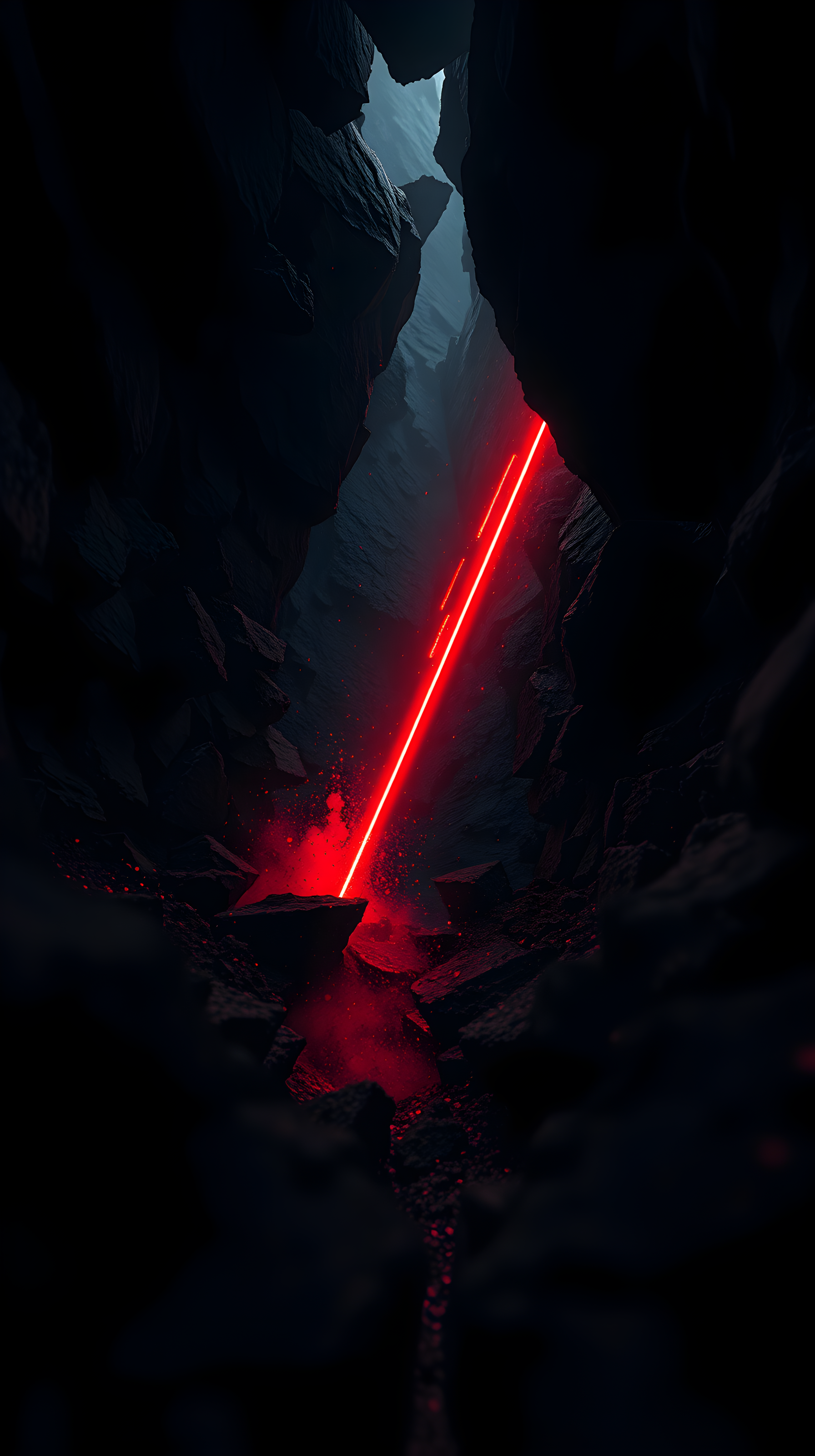 Dark Canyon Sci-Fi: Red Laser Beam and Mysterious Glow, dark canyon, red laser, sci-fi, futuristic, mysterious, glowing