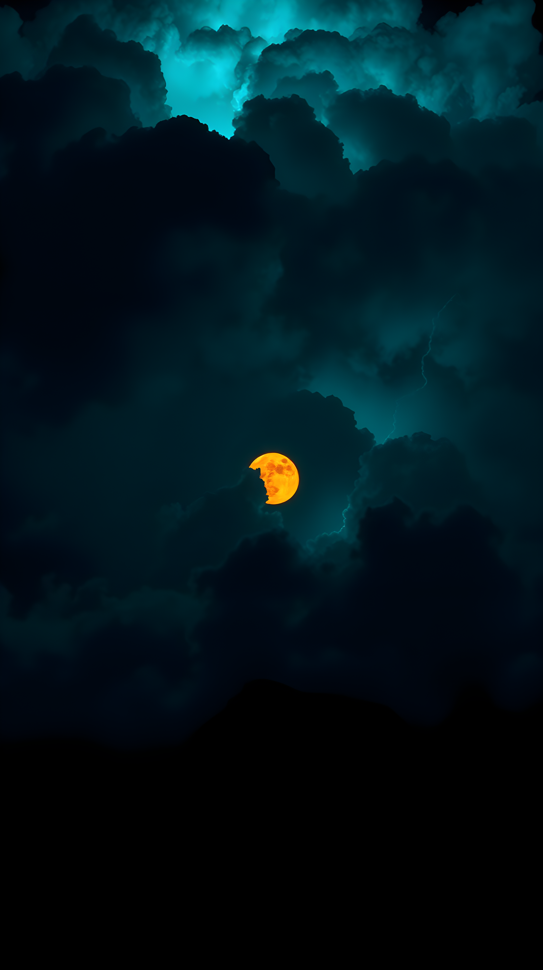 Mysterious Orange Moon, Teal Stormy Night with Lightning, moon, storm clouds, lightning, night sky, dark teal, vibrant orange