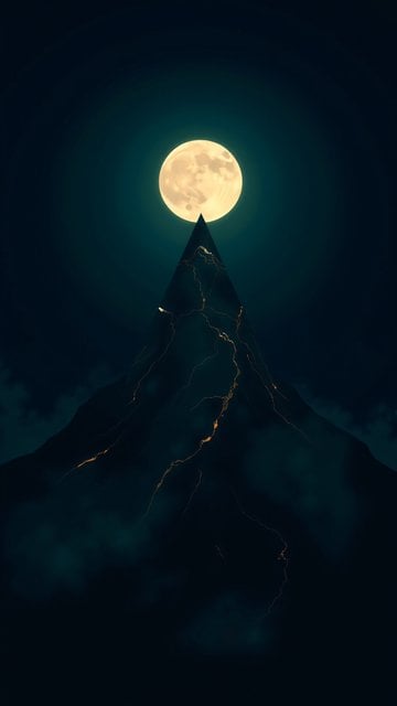 Mystical Moonlit Mountain with Golden Cracks Wallpaper