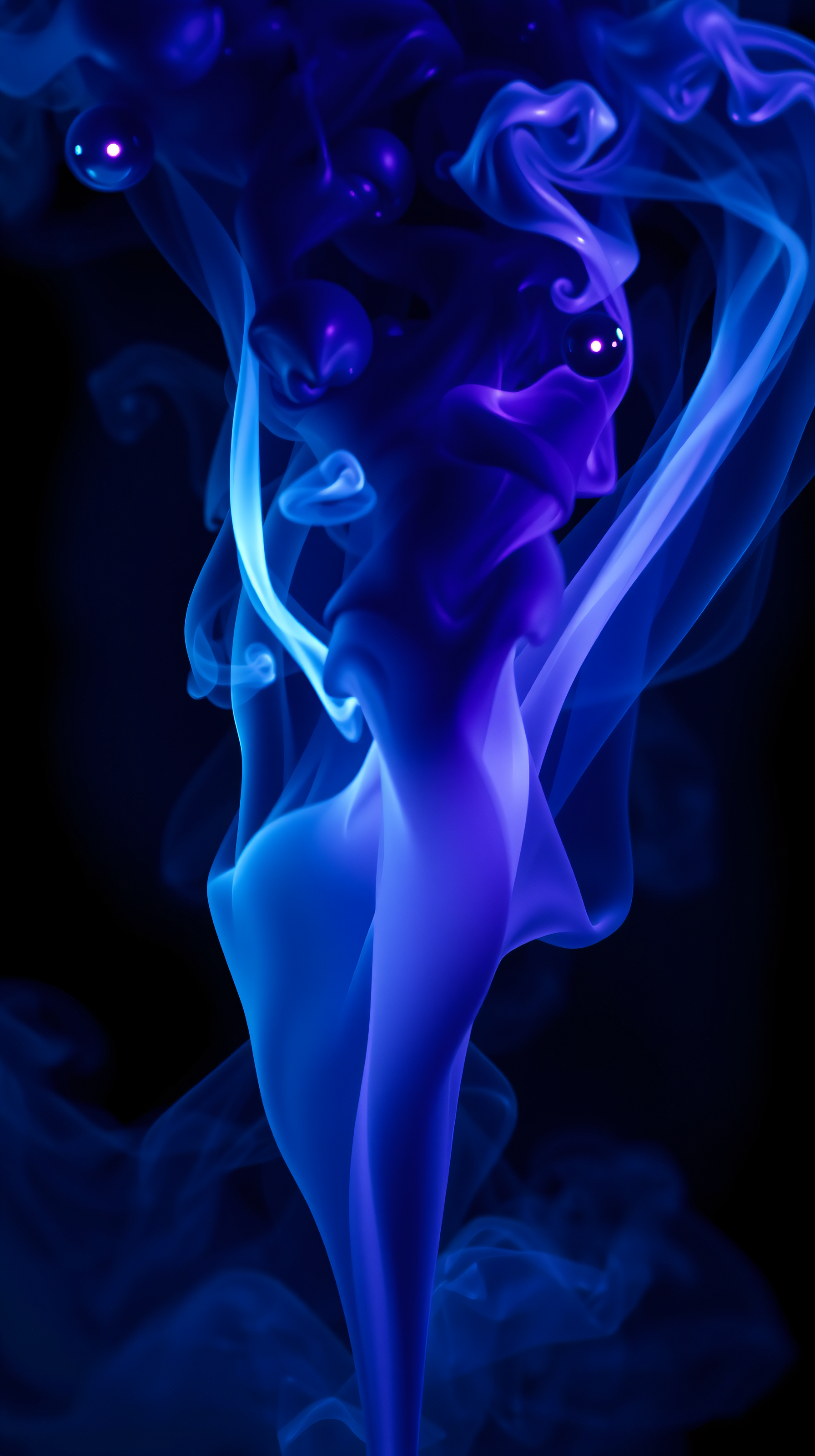 Dynamic Neon Smoke and Glowing Spheres, abstract, neon smoke, glowing spheres, blue purple, dark background, vibrant