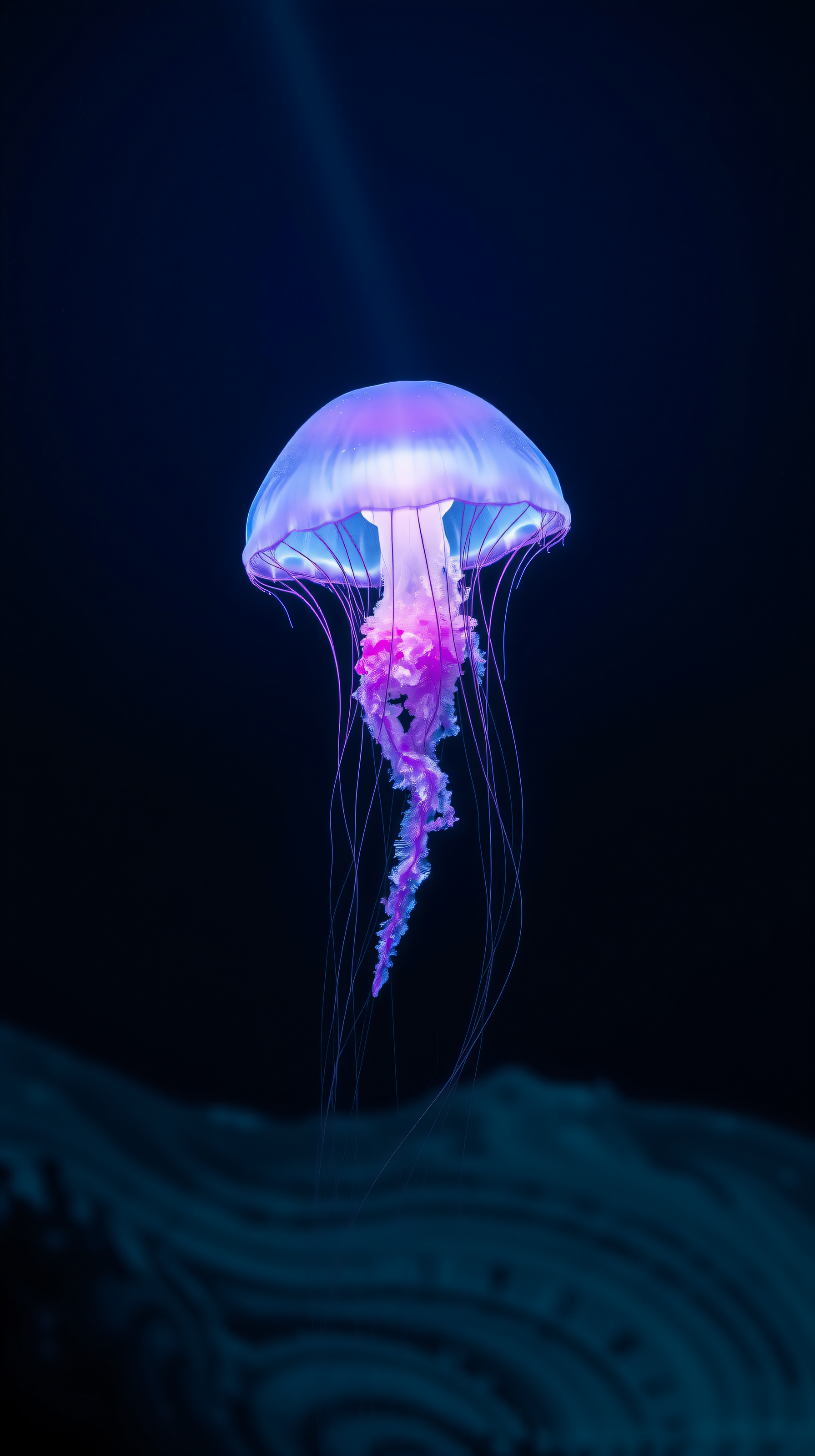 Bioluminescent Purple Jellyfish in Deep Blue Water, jellyfish, bioluminescent, underwater, glowing, purple, blue