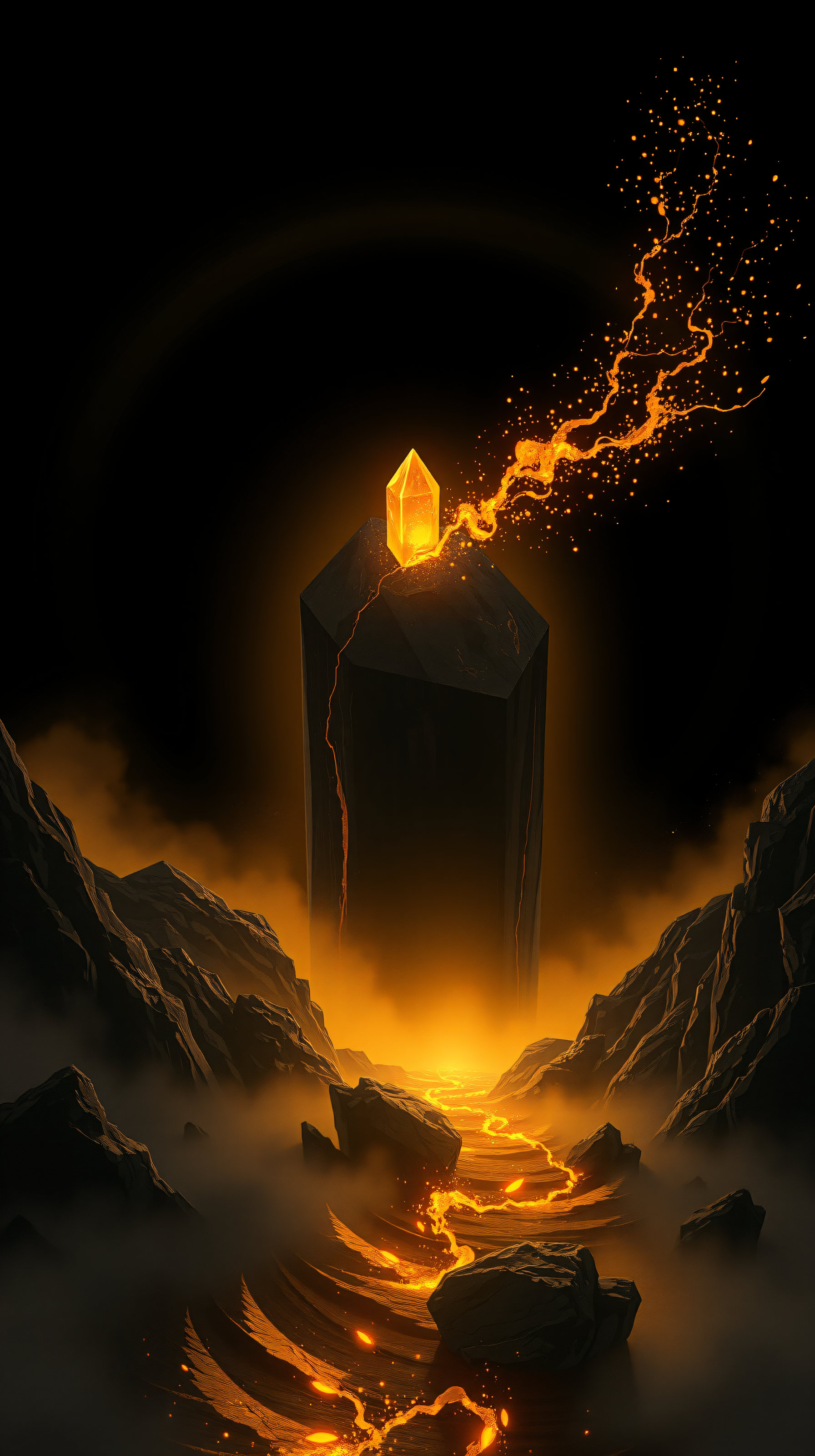Dark Fantasy Monolith with Glowing Crystal & Lava River, dark fantasy, glowing crystal, monolith, lava river, mystical, epic
