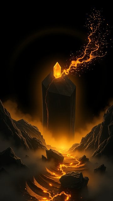 Dark Fantasy Monolith with Glowing Crystal & Lava River