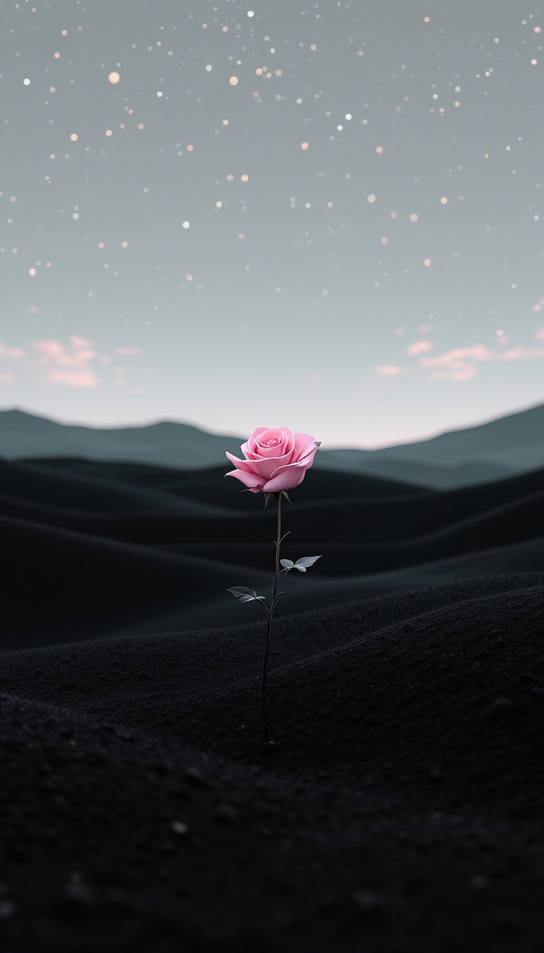 Pink Rose on Dark Dunes Under Starry Sky, pink rose, dark dunes, starry sky, minimalist wallpaper, aesthetic background, calm