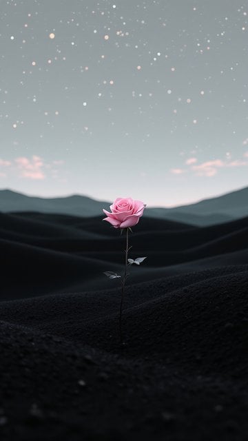 Pink Rose on Dark Dunes Under Starry Sky