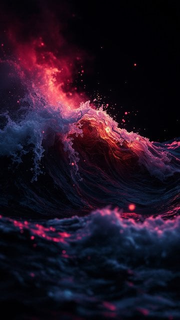 Crimson Glowing Ocean Wave Dark Aesthetic