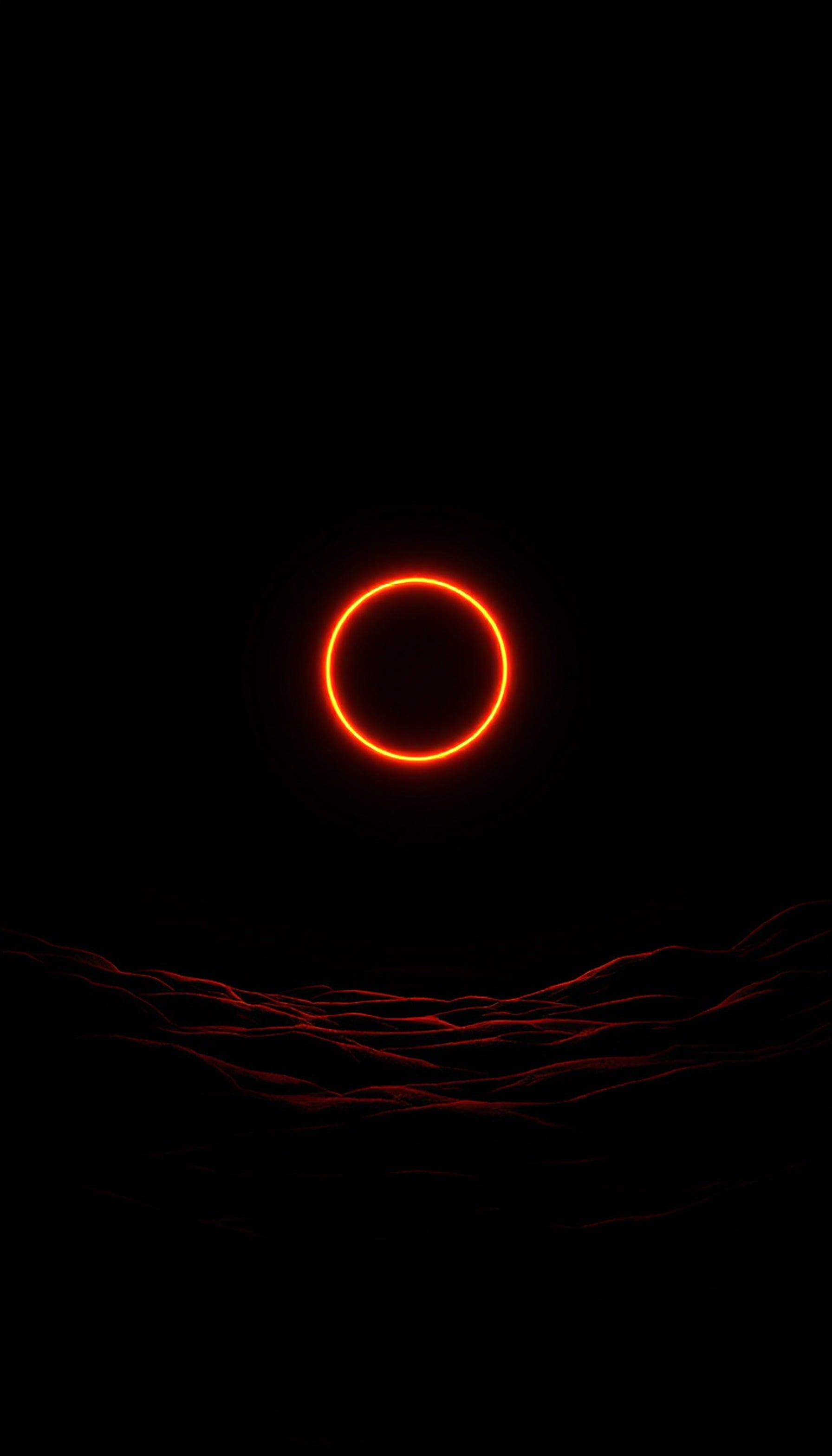 Neon Orange Ring on Dark Desert Night, neon orange, dark, minimalist, abstract, glowing ring, desert landscape