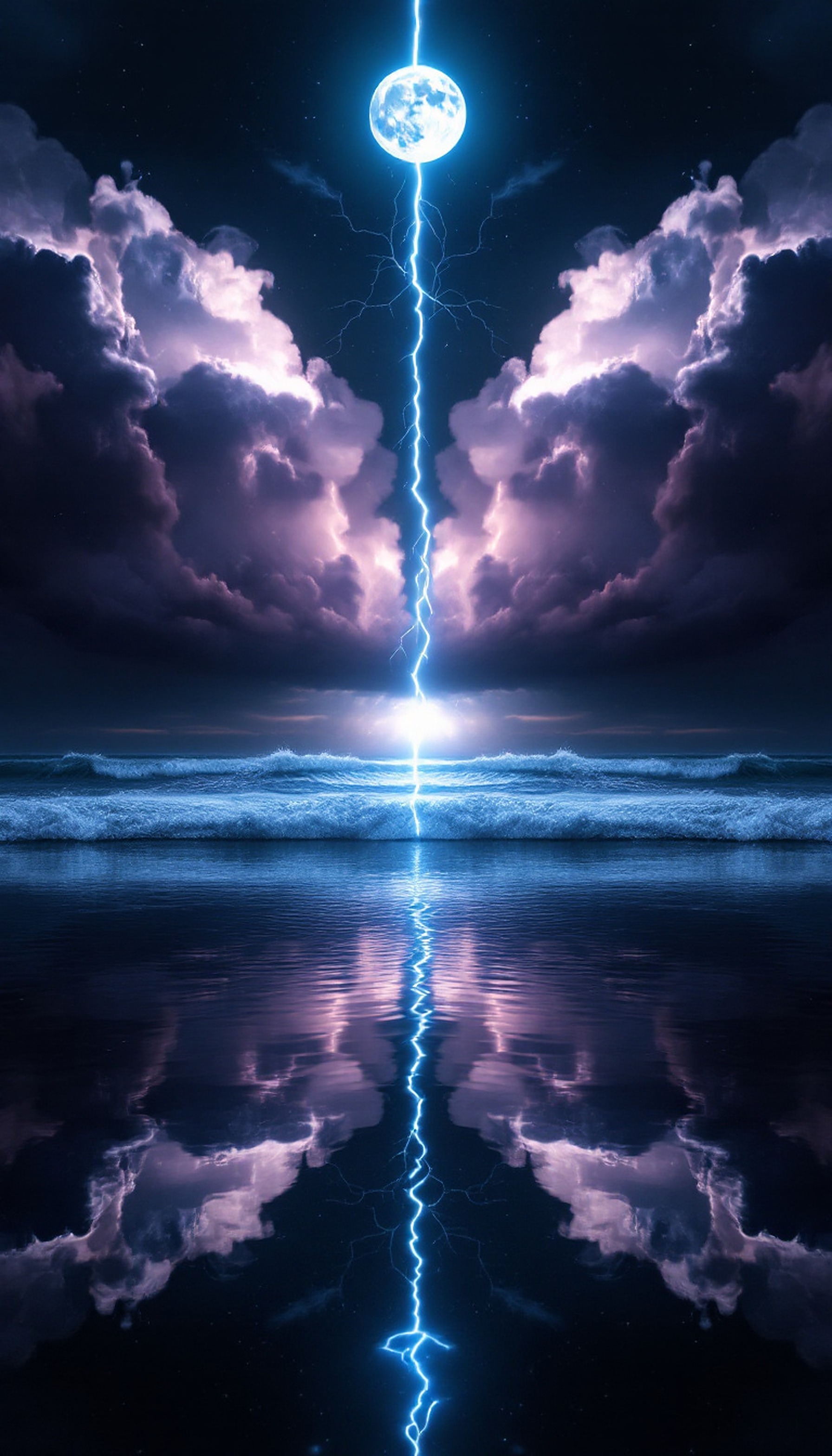 Moonlit Ocean Lightning Storm Wallpaper, lightning storm, ocean, moon, electric blue, dark aesthetic, fantasy wallpaper