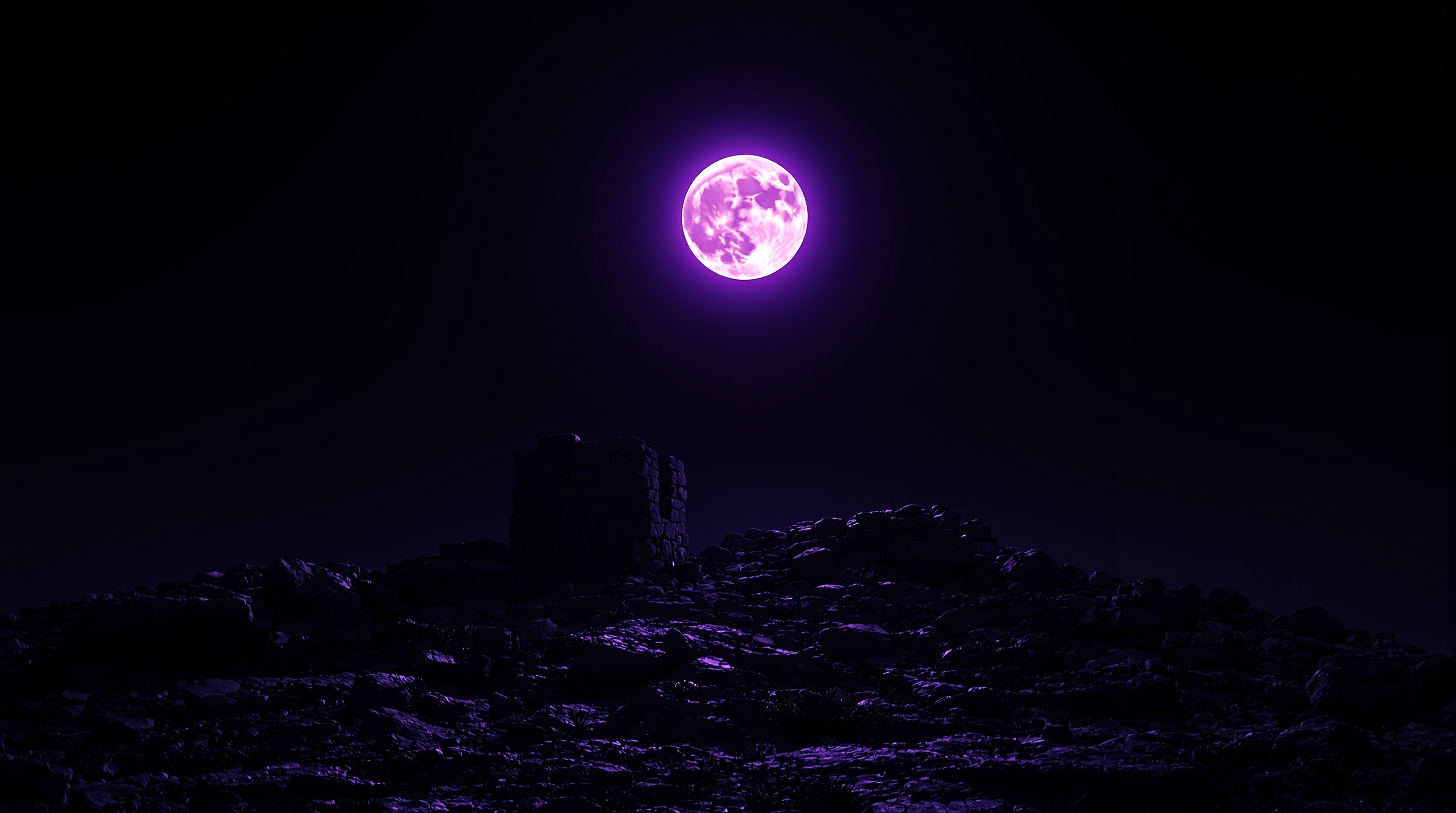 Mysterious Purple Moonlit Rocky Hill at Night, purple moon, dark aesthetic, night sky, rocky landscape, gothic fantasy, celestial wallpaper