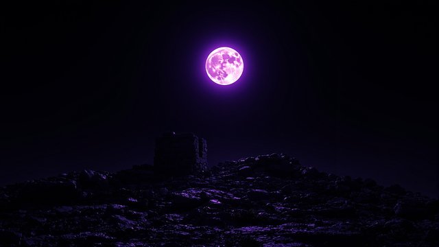 Mysterious Purple Moonlit Rocky Hill at Night