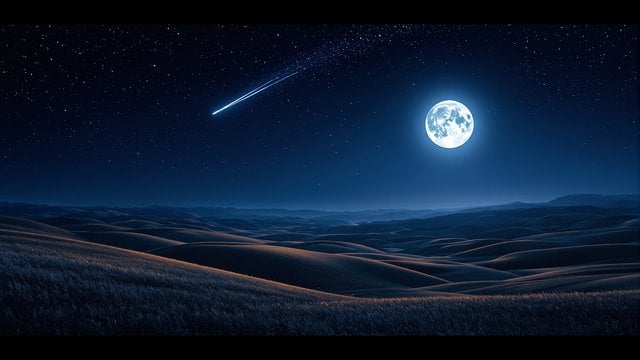 Full Moon Night Sky over Rolling Hills with Meteor