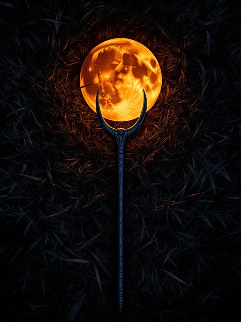 Mystical Orange Moon Staff Dark Foliage Wallpaper