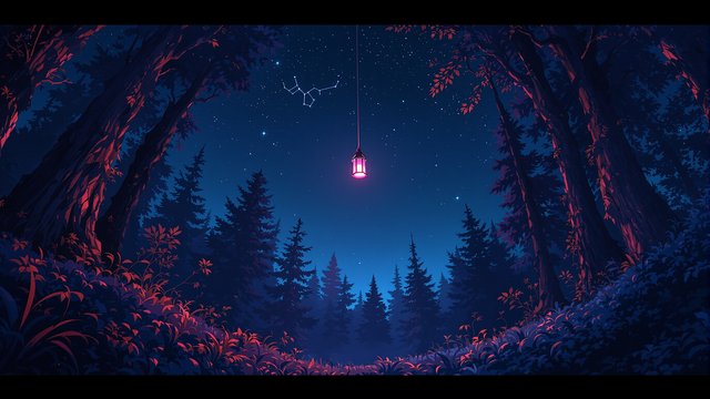 Enchanted Forest Night Sky with Glowing Lantern