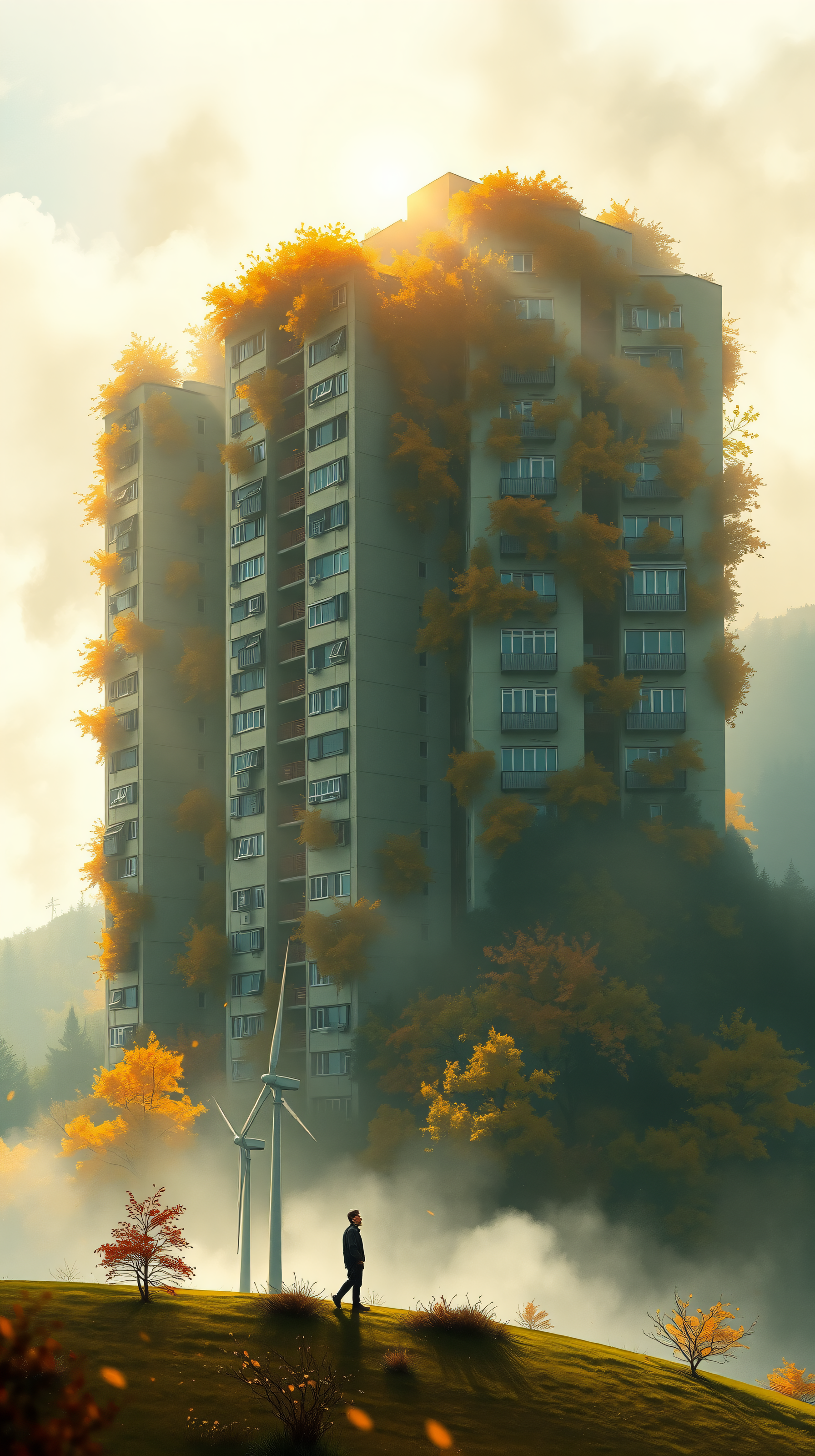Nature Reclaimed Cityscape: Golden Autumn Building Wallpaper, nature reclaimed, future city, autumn foliage, golden glow, misty landscape, eco-friendly