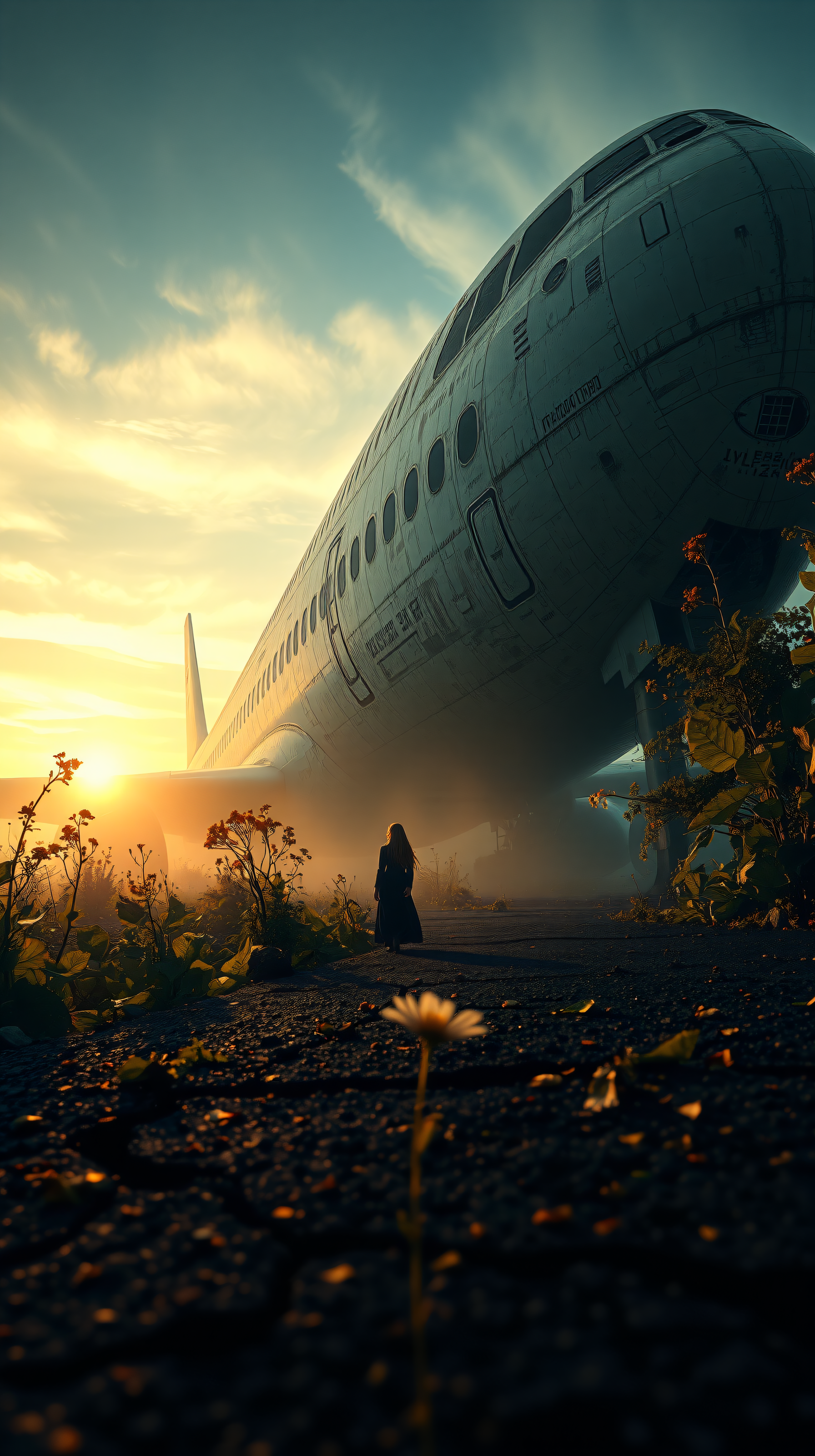 Abandoned Plane at Golden Hour, Lone Figure, Serene, abandoned plane, golden hour, sunset, mysterious, cinematic, solitude