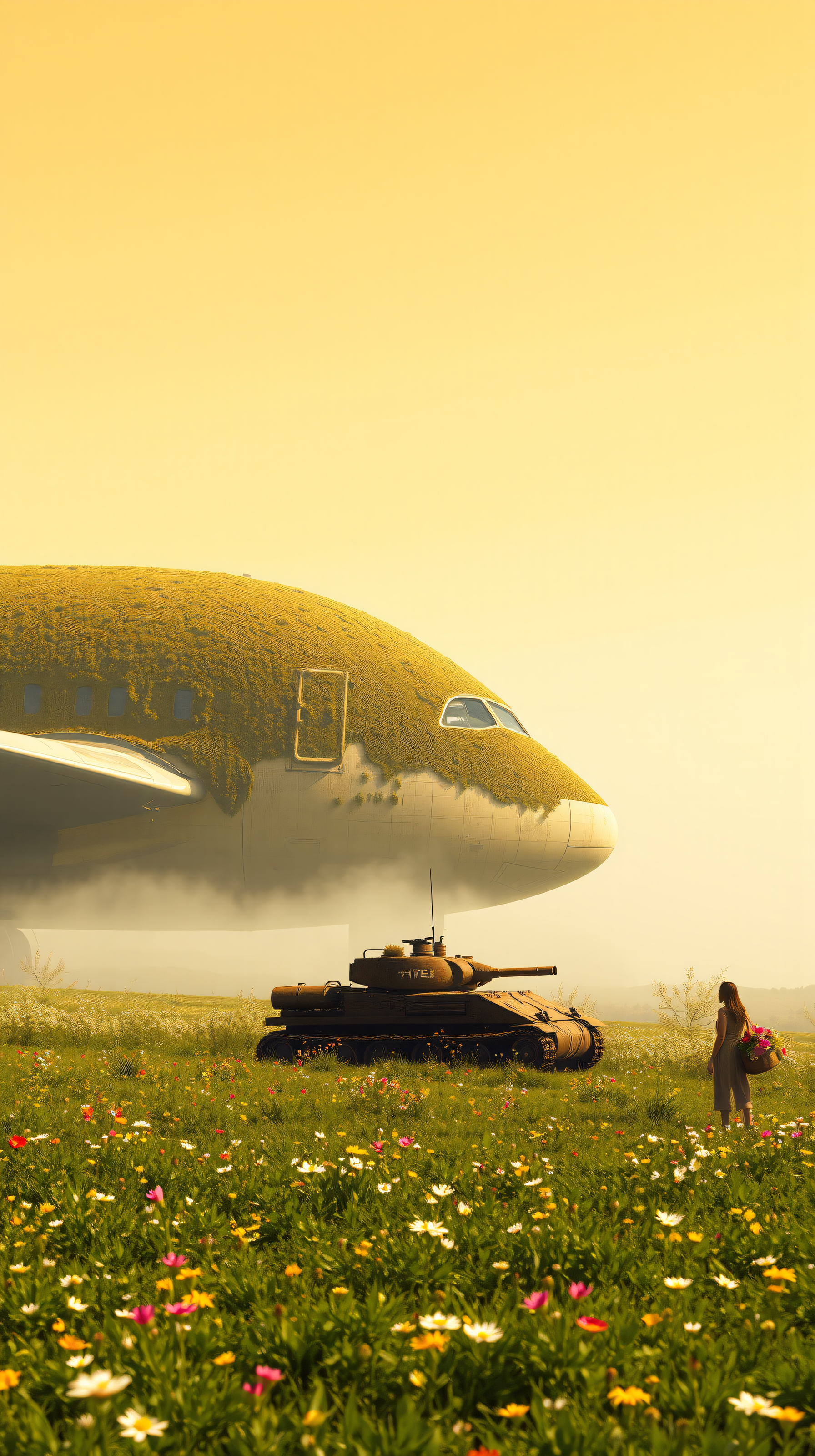Overgrown Plane and Tank in Wildflower Field, overgrown plane, abandoned tank, wildflower field, nature reclaim, surreal art, golden sky