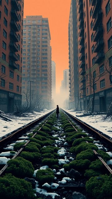 Overgrown Train Tracks in Dystopian City Sunset