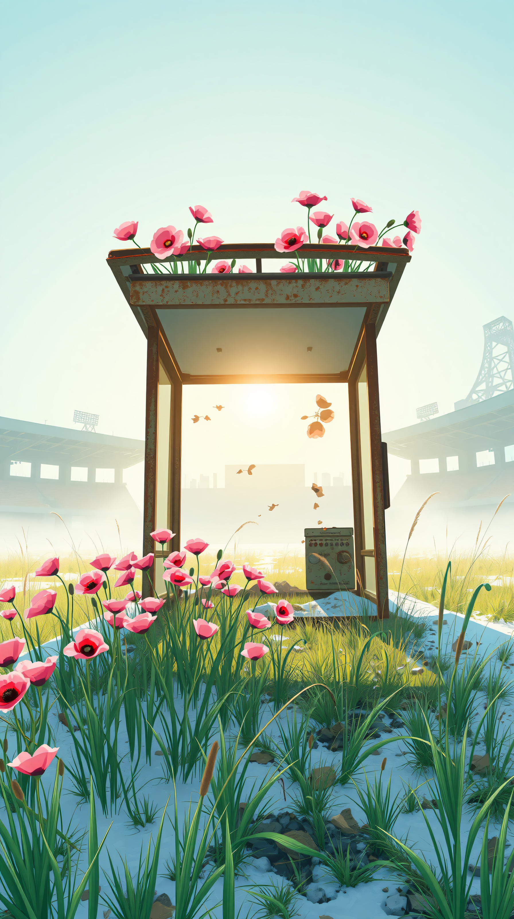 Dreamy Poppies Bloom at Abandoned Shelter, poppies, floral, surreal art, fantasy, dreamy, abandoned
