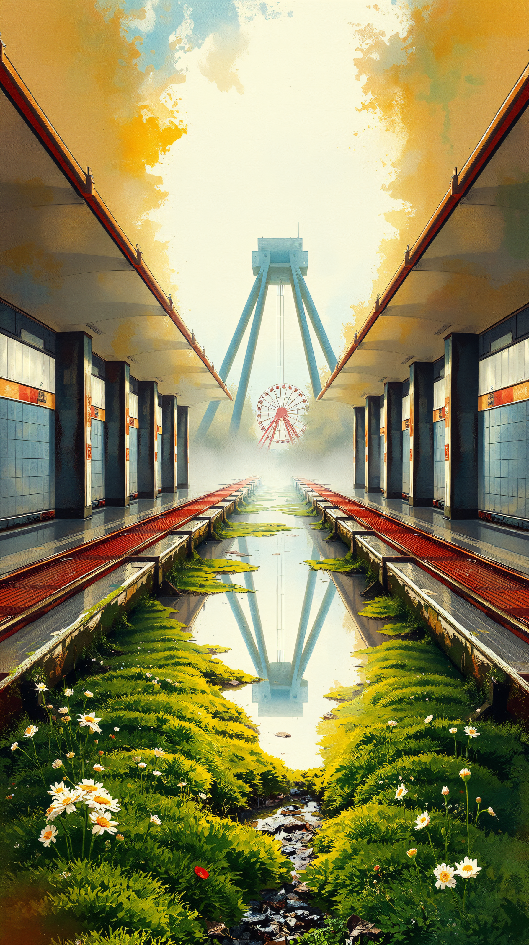 Overgrown Metro Station with Ferris Wheel Reflection, overgrown, abandoned, metro station, ferris wheel, nature reclaiming, surreal art