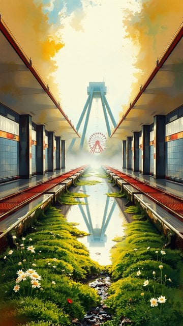Overgrown Metro Station with Ferris Wheel Reflection