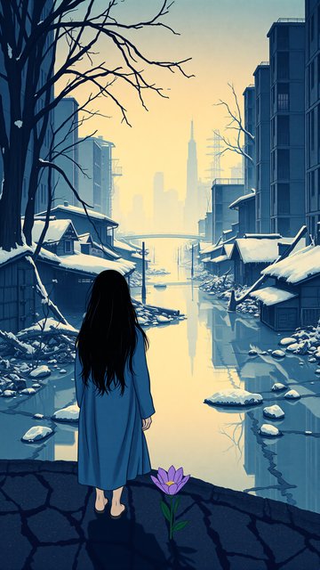 Winter Cityscape with Lone Figure and Purple Flower
