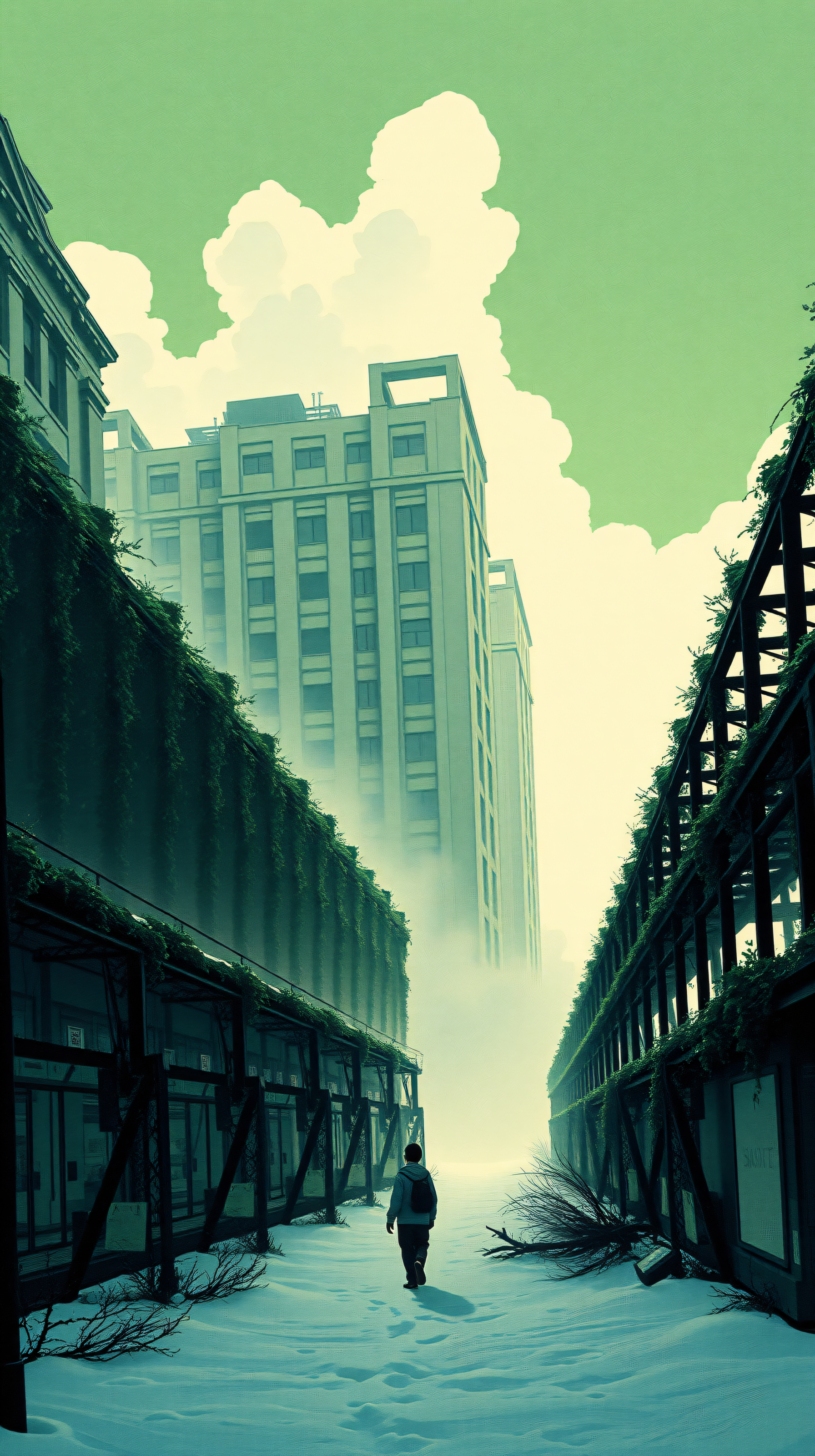 Misty Overgrown Dystopian City Wallpaper, dystopian, post-apocalyptic, overgrown city, misty, ruins, green sky