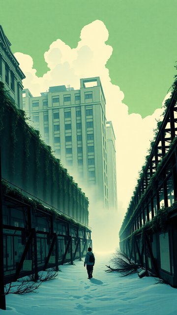 Misty Overgrown Dystopian City Wallpaper
