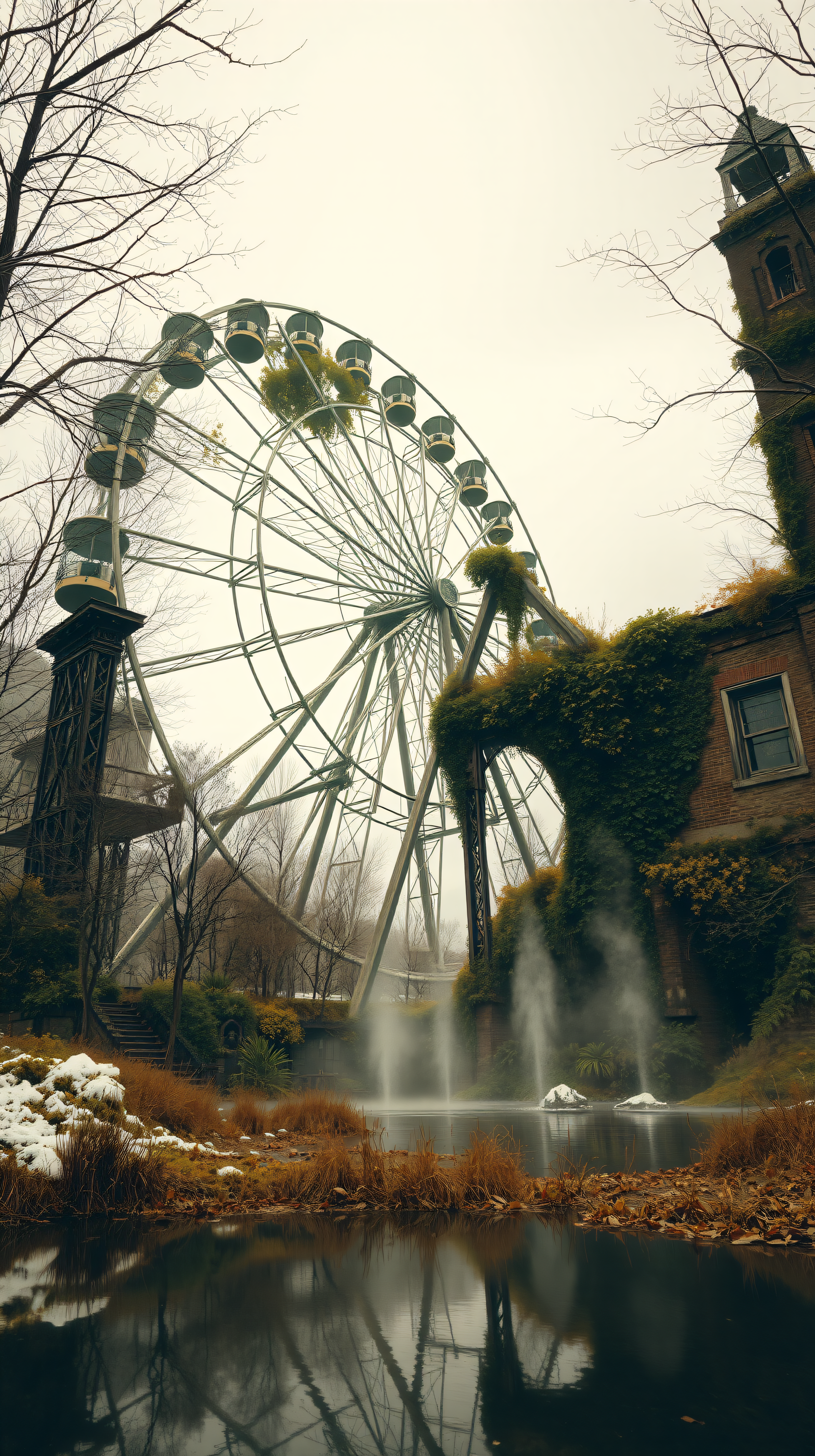 Overgrown Abandoned Ferris Wheel & Misty Pond, abandoned, ferris wheel, overgrown, ruins, melancholic, moody