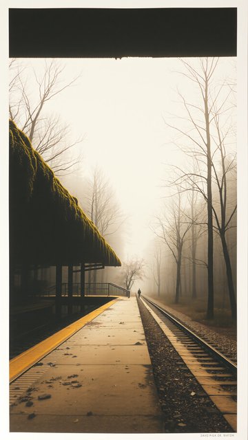 Foggy Forest Train Station at Dawn, Lone Traveler