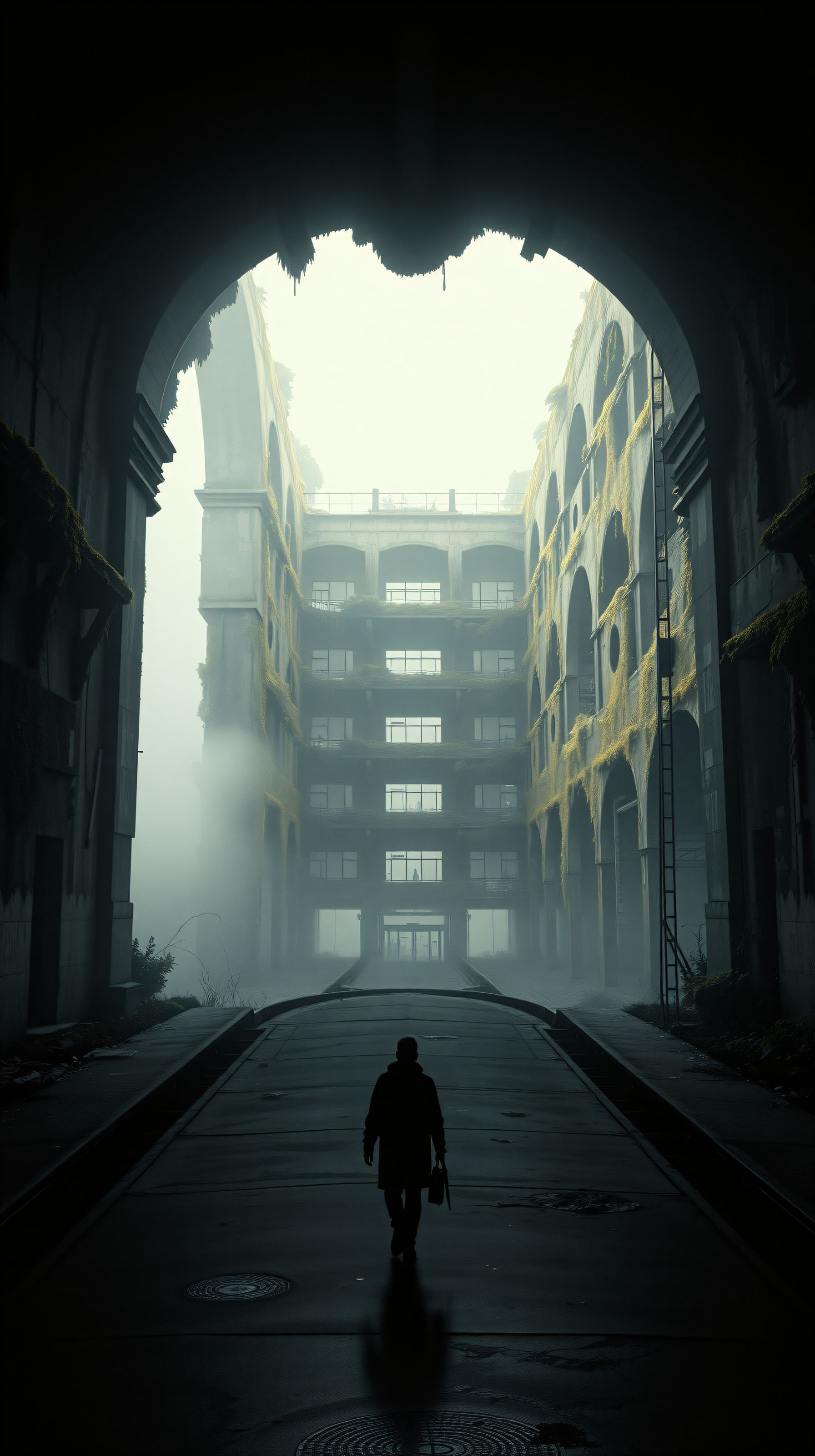 Dark Misty Ruins Alleyway with Lone Figure, dark, ruins, abandoned, misty, fog, mystery