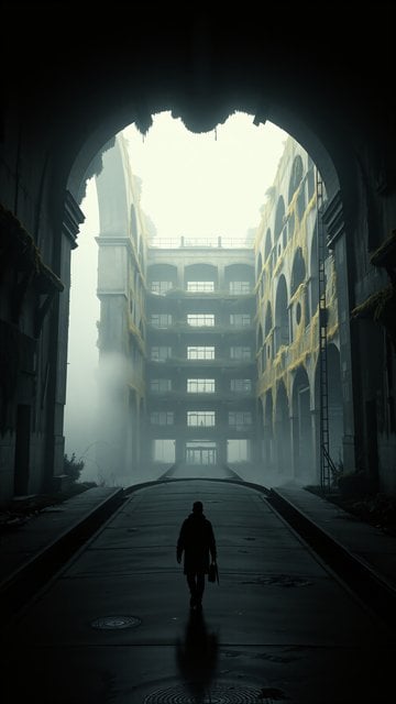 Dark Misty Ruins Alleyway with Lone Figure