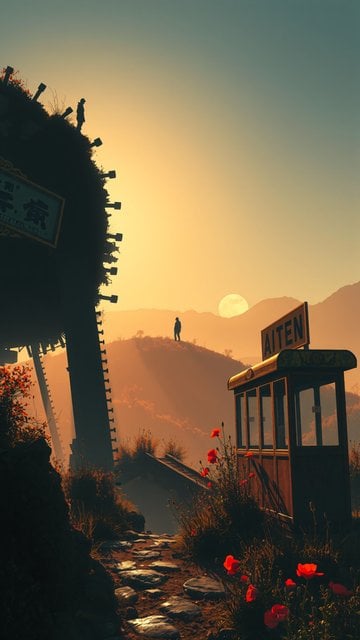 Golden Sunset Journey: Lone Figure, Poppies & Aiten Station