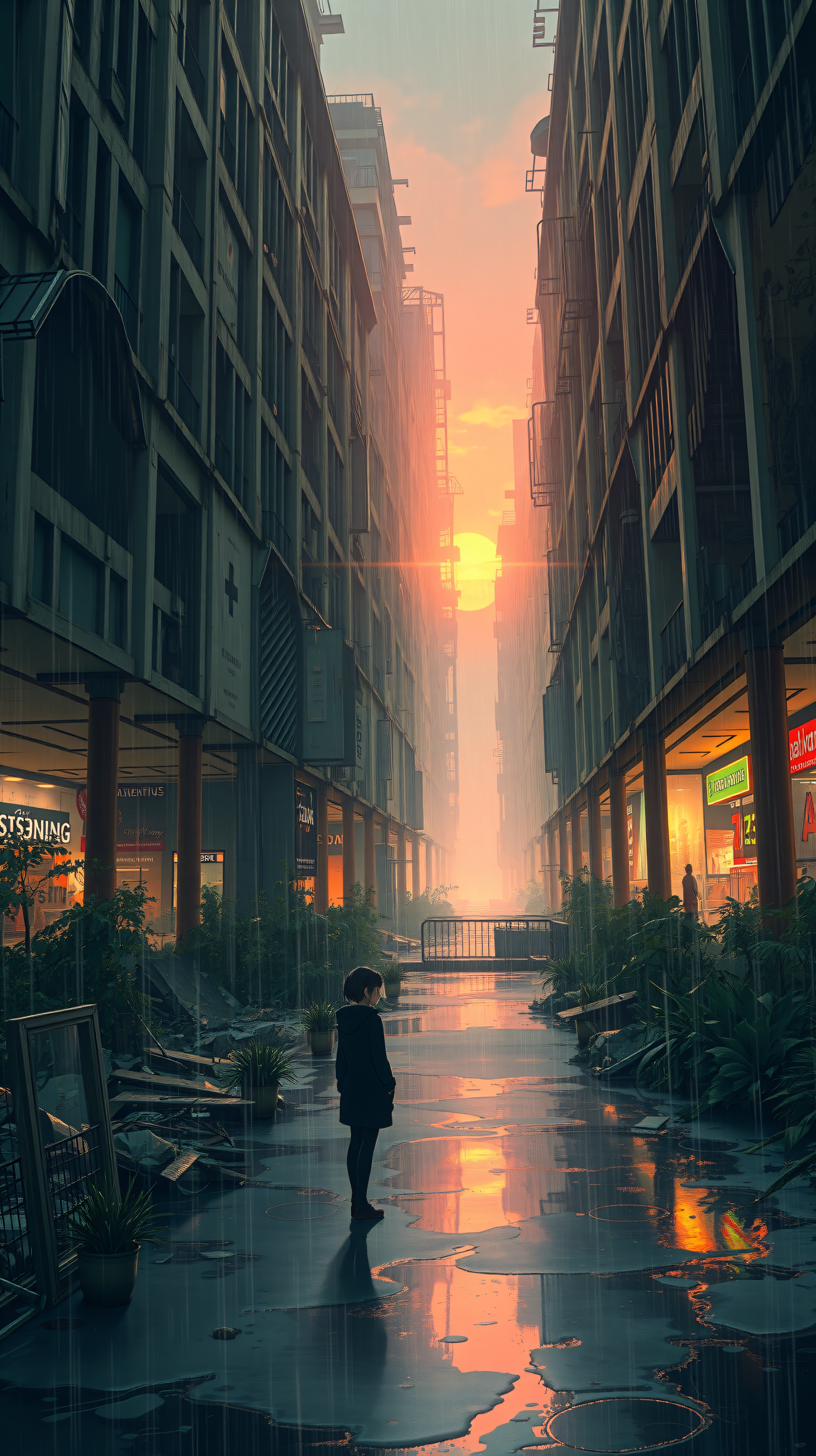 Rainy City Street Sunset with Lone Figure Reflection, city street, rain, sunset, sunrise, urban, alleyway